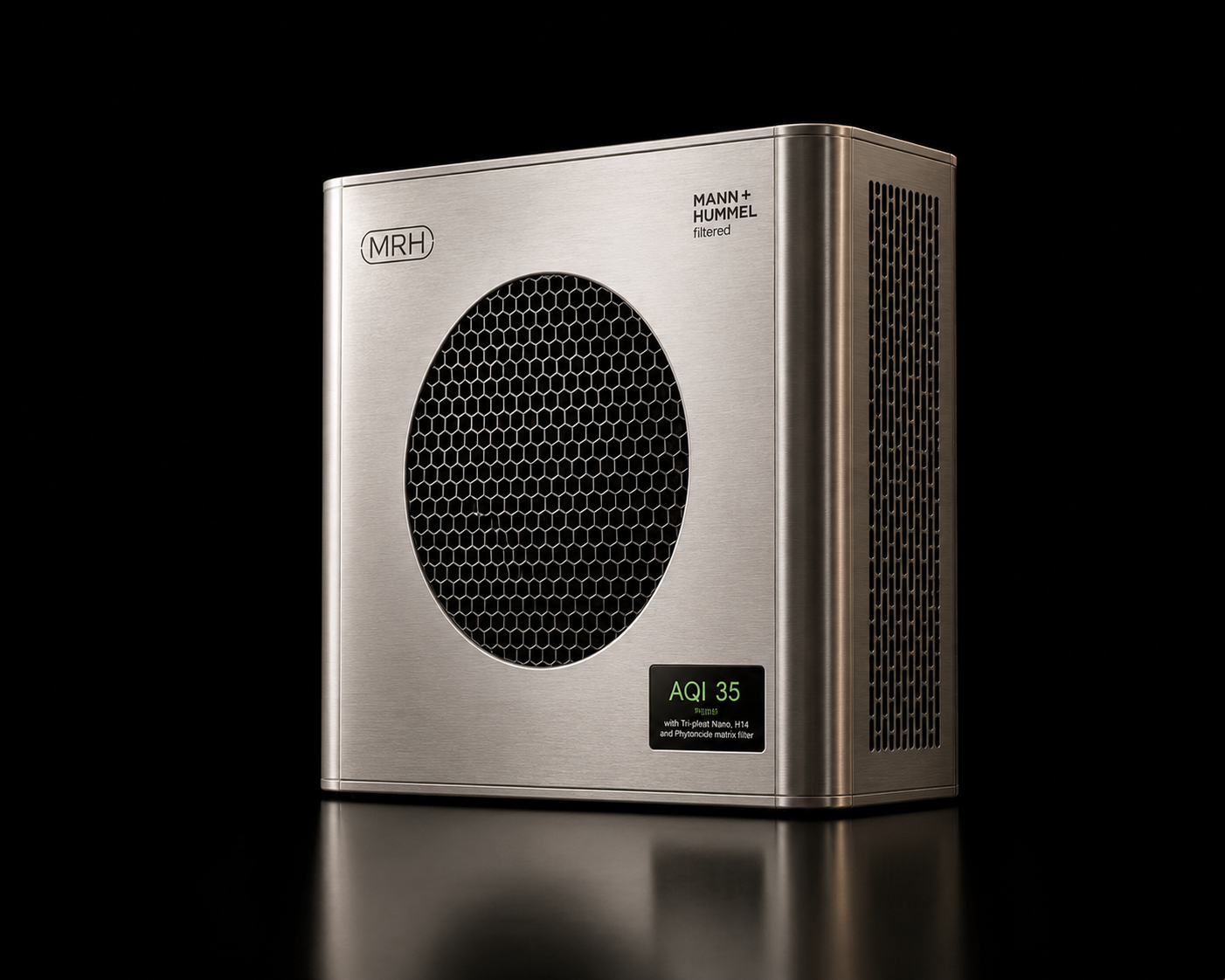 MRH PureAir air purifier — brushed-steel body with honeycomb grille